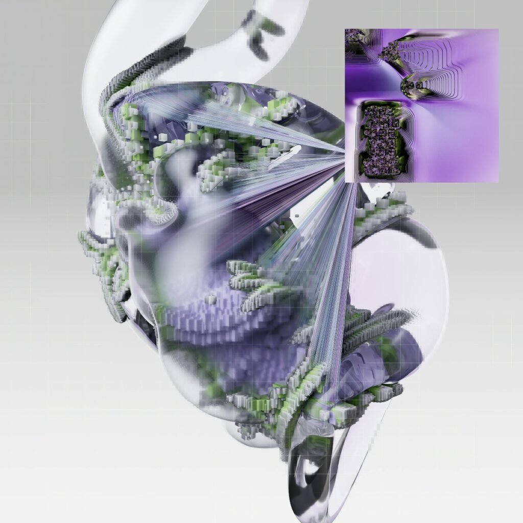 A vibrant abstract CGI artwork featuring AI and digital themes in purple and green hues.